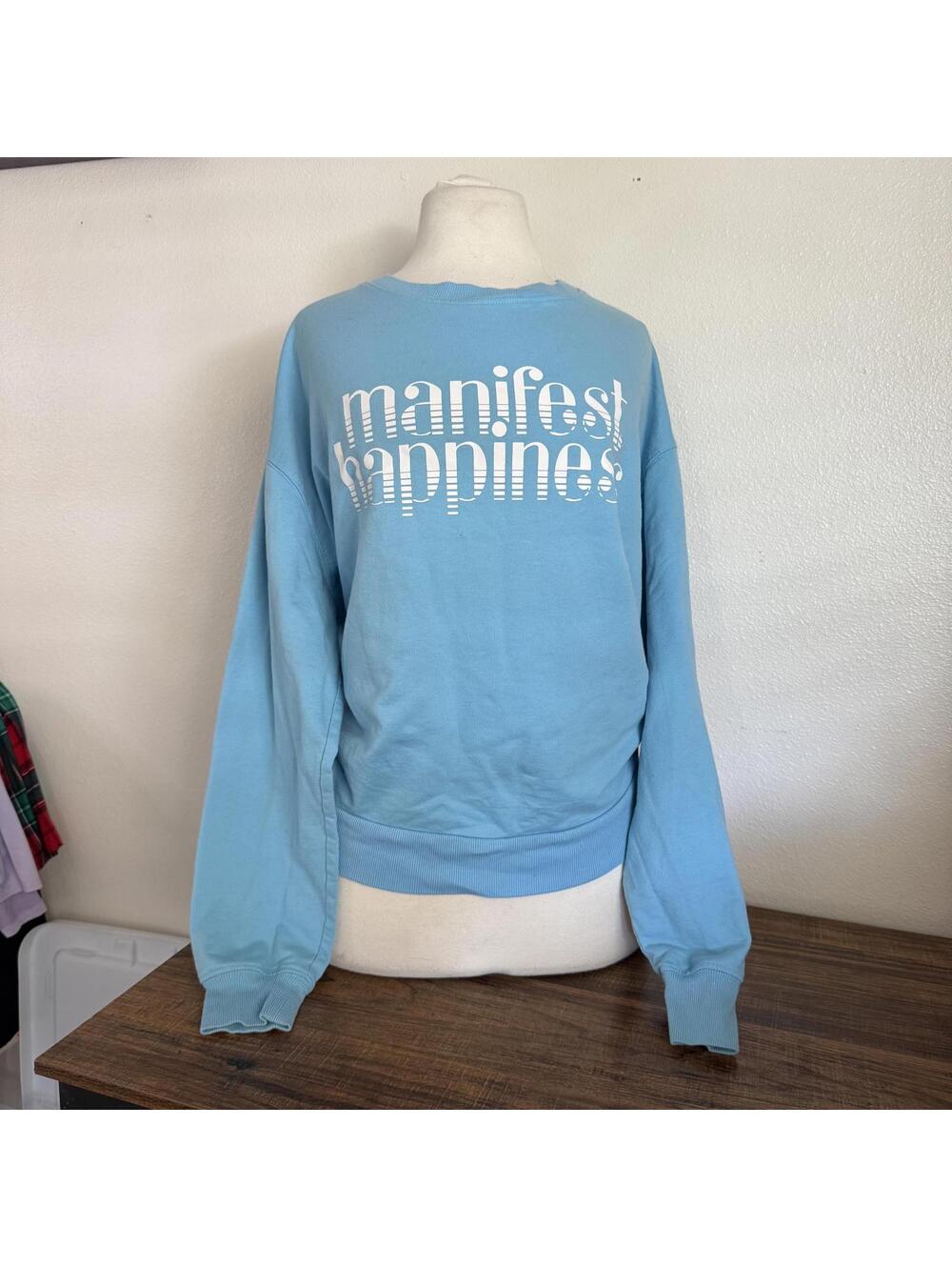 Light Blue 'Manifest Happiness' Graphic Sweatshirt Juniors Size XL